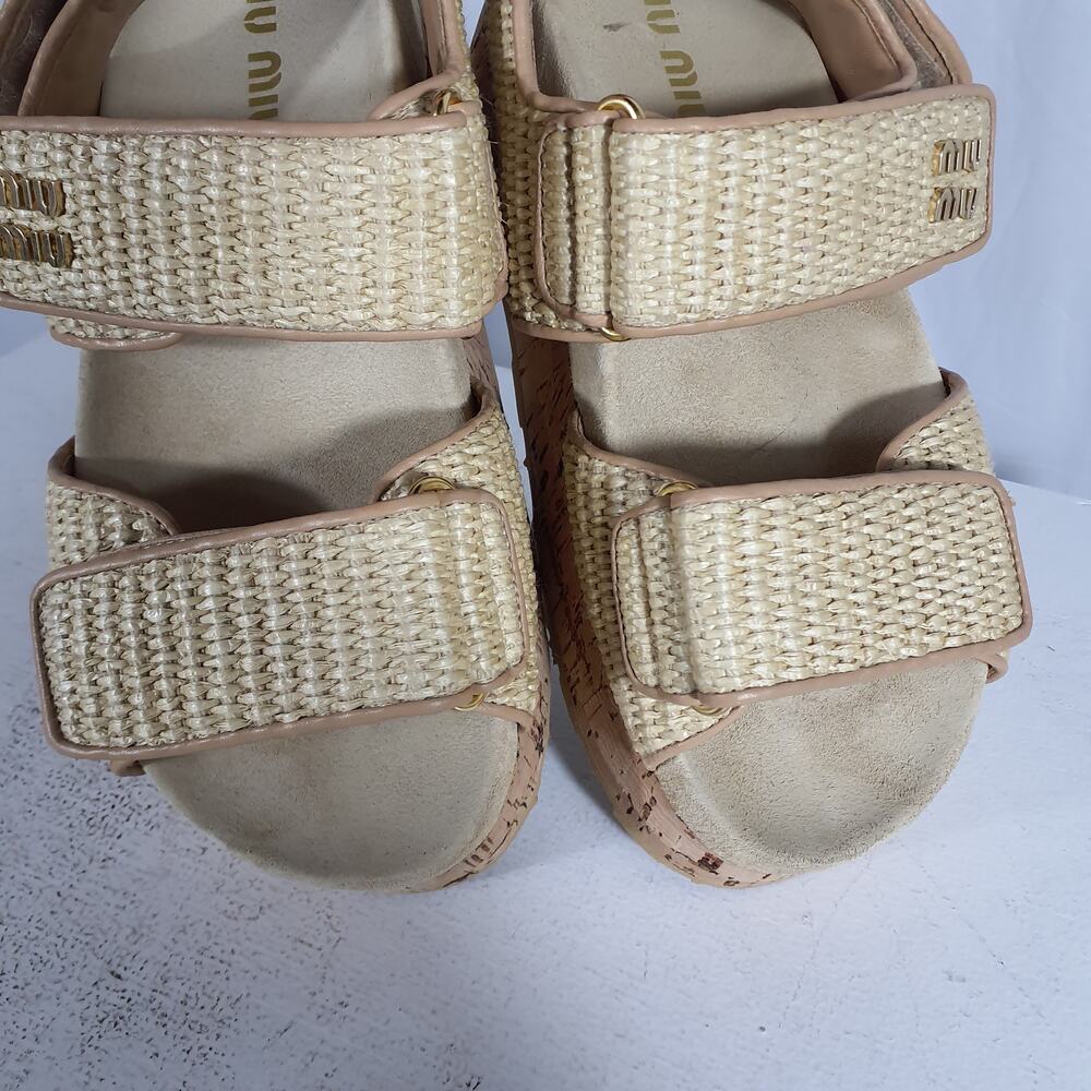 Miu Miu Beige Woven Cork Platform Sandals - Picture 4 of 8
